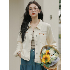批发杏色清新<b class='q'>甜美</b>绣花牛仔外套女2026春季新款小个子百搭短款夹克上衣