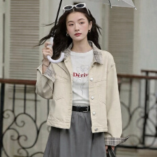 批发复古拼接格子翻领牛仔外套女2026<b class='q'>春</b>季新款小个子宽松百搭夹克上衣