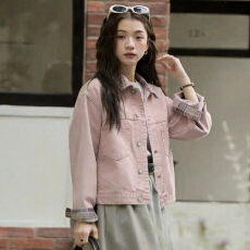 批发复古撞色格纹翻领牛仔外套女<b class='q'>春</b>季2026新款设计感百搭短款夹克上衣