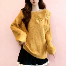 批发工厂 大码胖MM秋冬新款法式重工仙女<b class='q'>手工</b>钉花落肩袖套头上衣<b class='q'>毛衣</b>