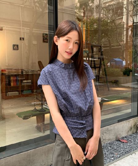 있음 밖으로 대 물품 절묘한 천 골드 유럽 니켈 여름 체크무늬 작은 날다 소매 와이 칼라 레이스업 허리 수축 부드러운 숙녀 센스 작은 셔츠