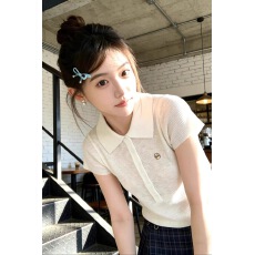 批发温柔风翻领针织短袖女夏奶白色软糯亲肤小众设计感修身显瘦上衣