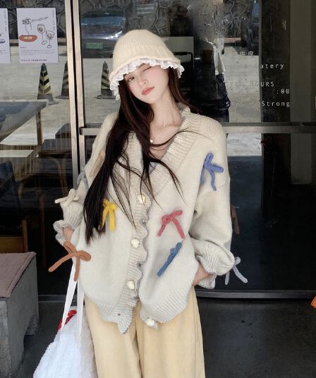 한 부서 부드러운 달콤함 무거운 작업 디자인 맨위 여성 가을 3 차원 나비 매듭 하트 버클 프릴 스웨터 오픈 가디건