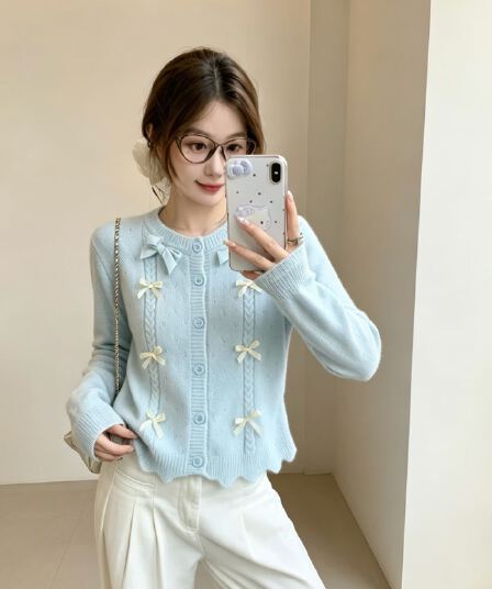 달콤한 자매 작은 샤넬 스타일 나비 매듭 스웨터 오픈 가디건 여성 봄 가을 부드러운 편안함 부드러운 찹쌀 니트 재킷 느긋한 느슨함 센스