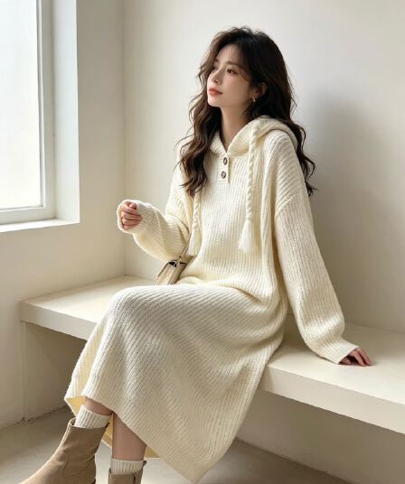 후드 디자인 무릎 아래 롱 코트 스웨터 드레스 아이들 빅 사이즈 지방 mm 표지 배 슬림해 보이는 인사이드 가져 가라. 품격 니트 드레스