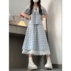 批发学院风蓝格连衣裙子<b class='q'>女</b>2026新款法式甜美蕾丝拼接短袖衬衫长裙套装