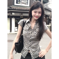 批发原版格子韩系复古格子掐腰<b class='q'>衬衫</b>女夏季设计感<b class='q'>修身</b>短款<b class='q'>衬衣</b>上衣