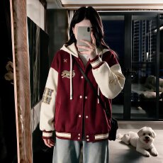 棒球服2026年新款拼色连帽纽扣抽绳开衫卫衣上衣潮学院风女