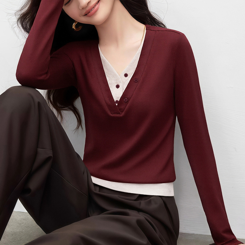 MY17730# 假两件拼色针织女长袖磨毛百搭打底衫显瘦上衣女裝貨源服裝批...