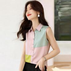 批发实拍高端缎面2026新款<b class='q'>女</b>仿<b class='q'>真丝</b>短袖拼接衬衫宽松<b class='q'>上衣</b>