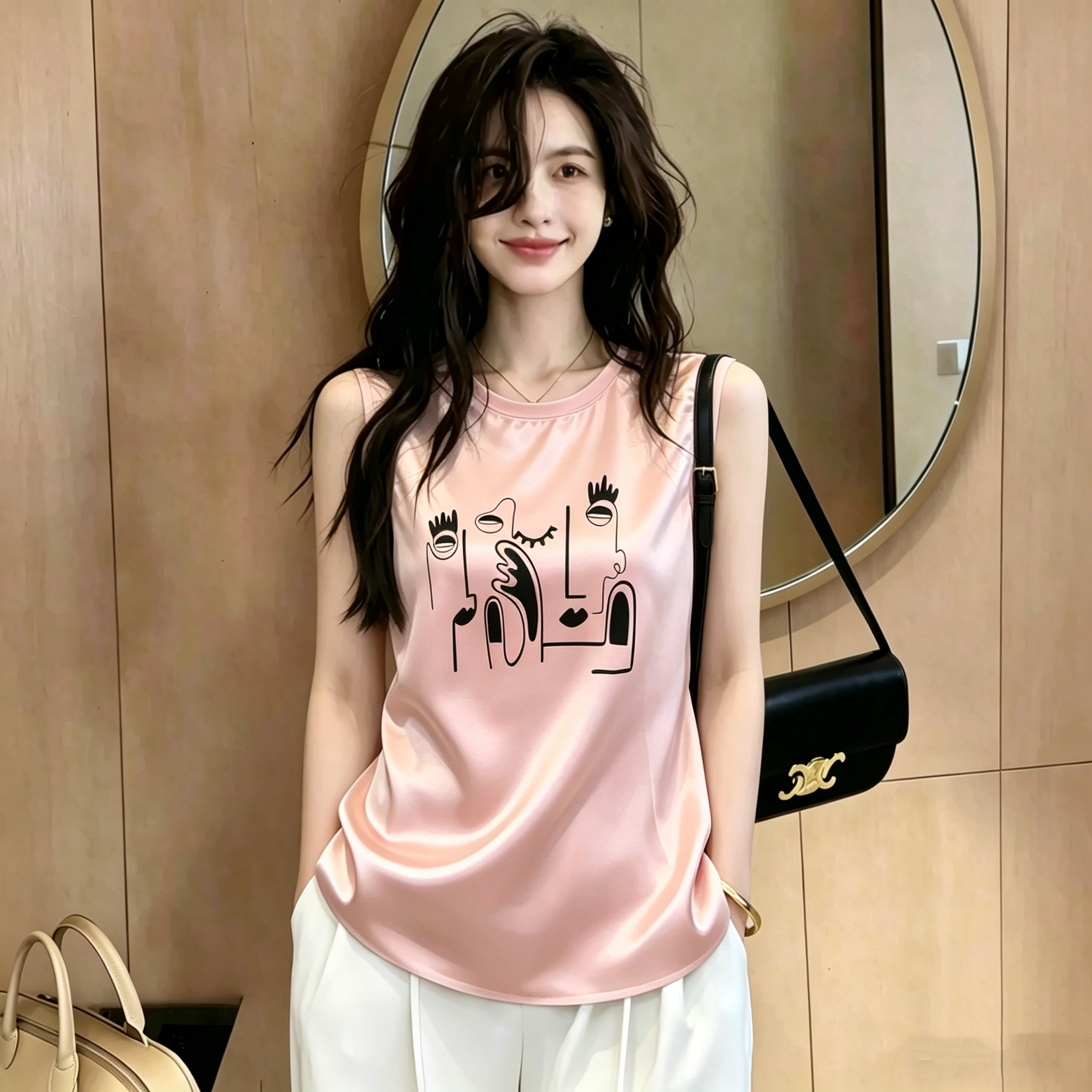 RY4349# 重磅缎面仿真丝2026新款数码印花宽松圆领韩版时尚背心T恤...