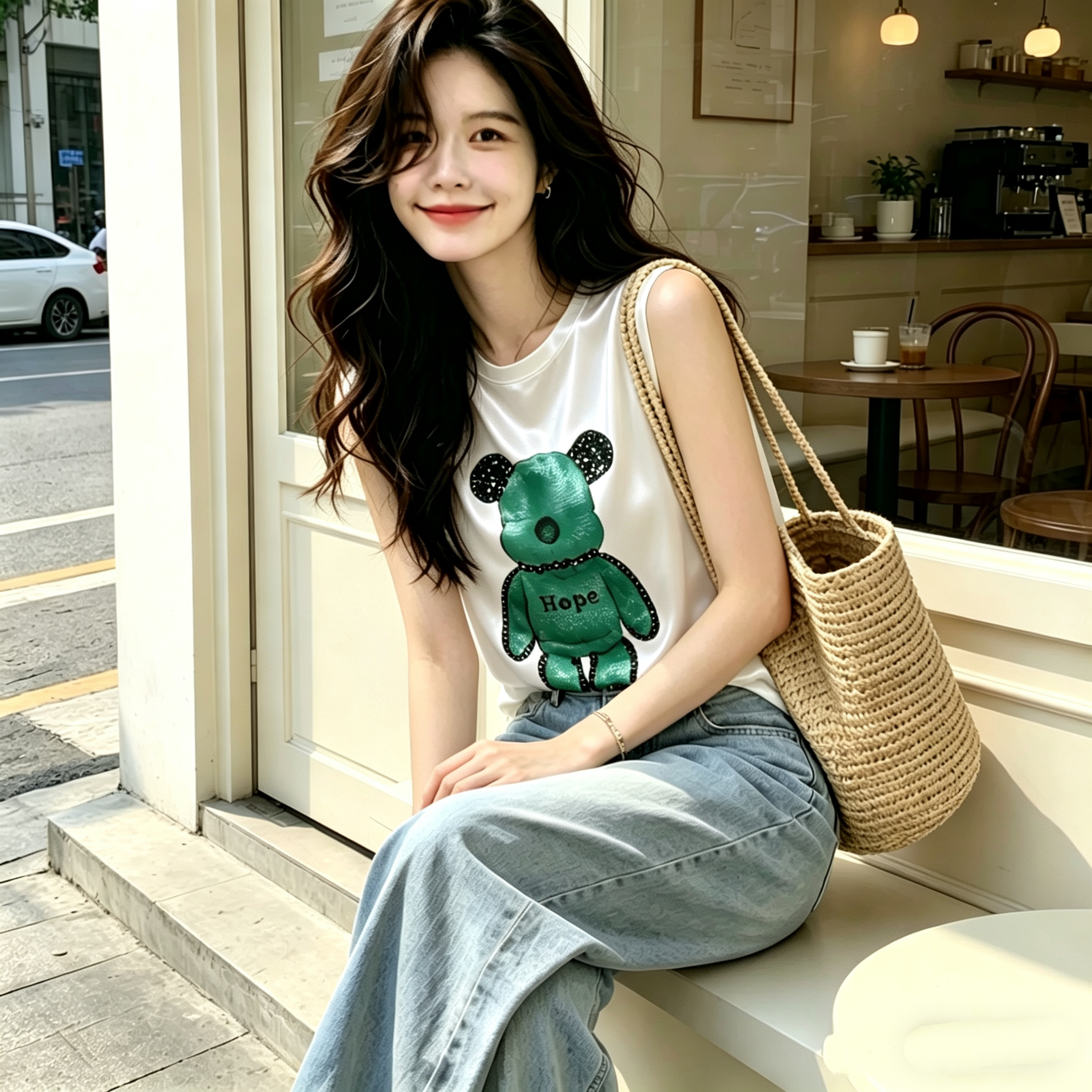 RY4348# 实拍2026新款重磅仿真丝T恤宽松女无袖印花白色圆领百搭背...