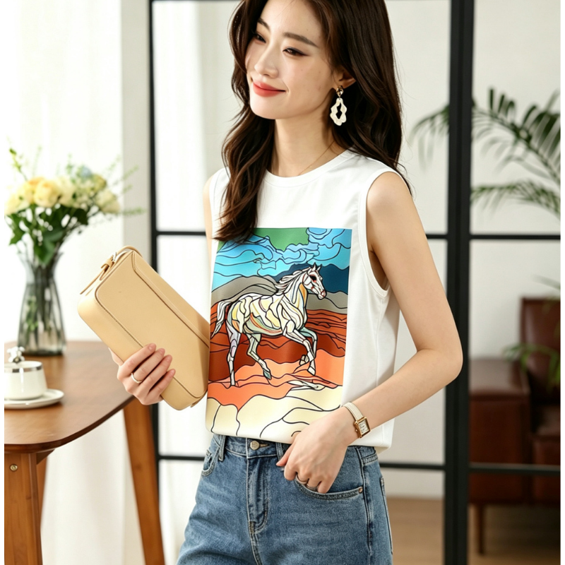 RY4346# 实拍2026新款重磅仿真丝T恤宽松女无袖印花白色圆领百搭背...