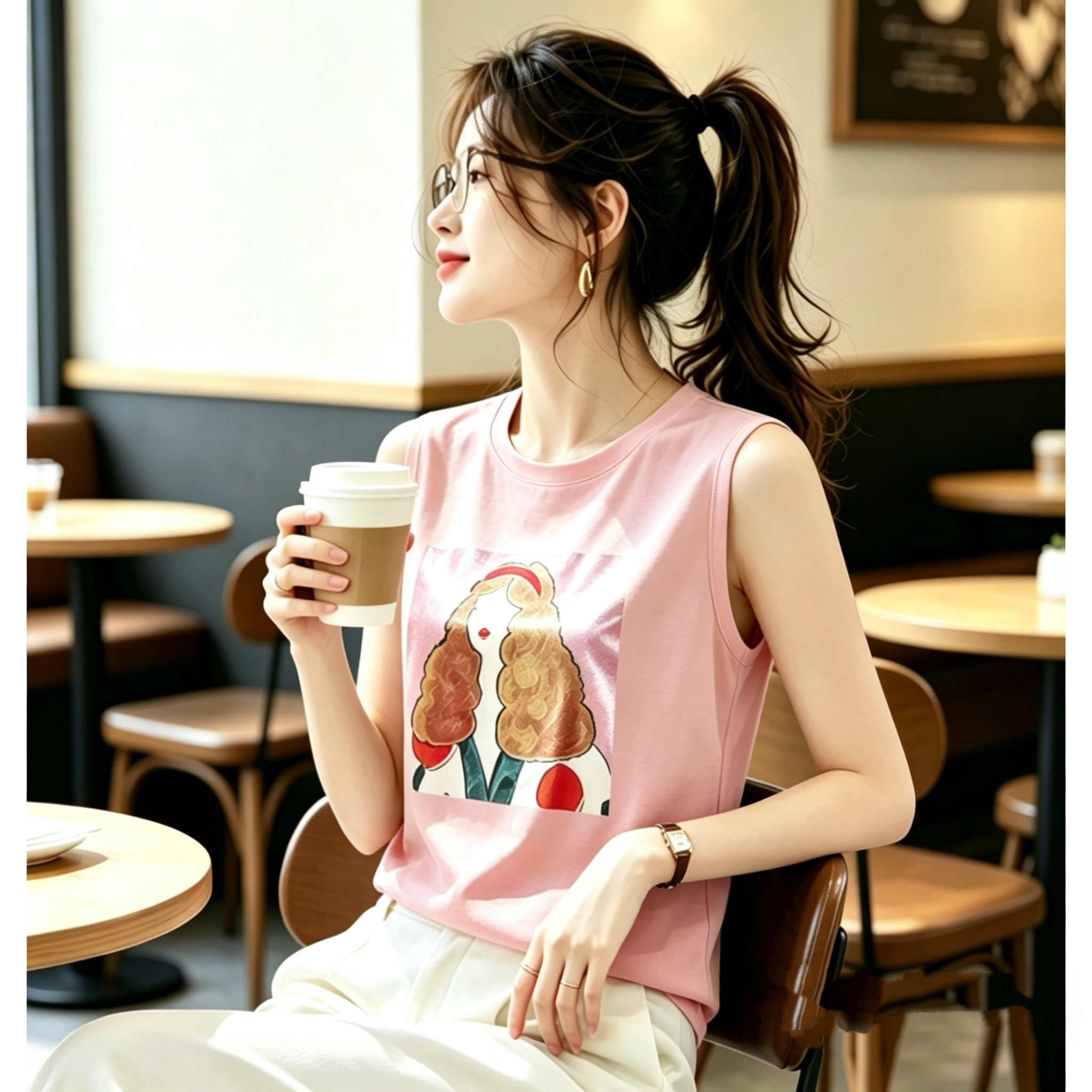 RY4345# 2026新款重磅仿真丝T恤宽松女无袖印花圆领百搭背心