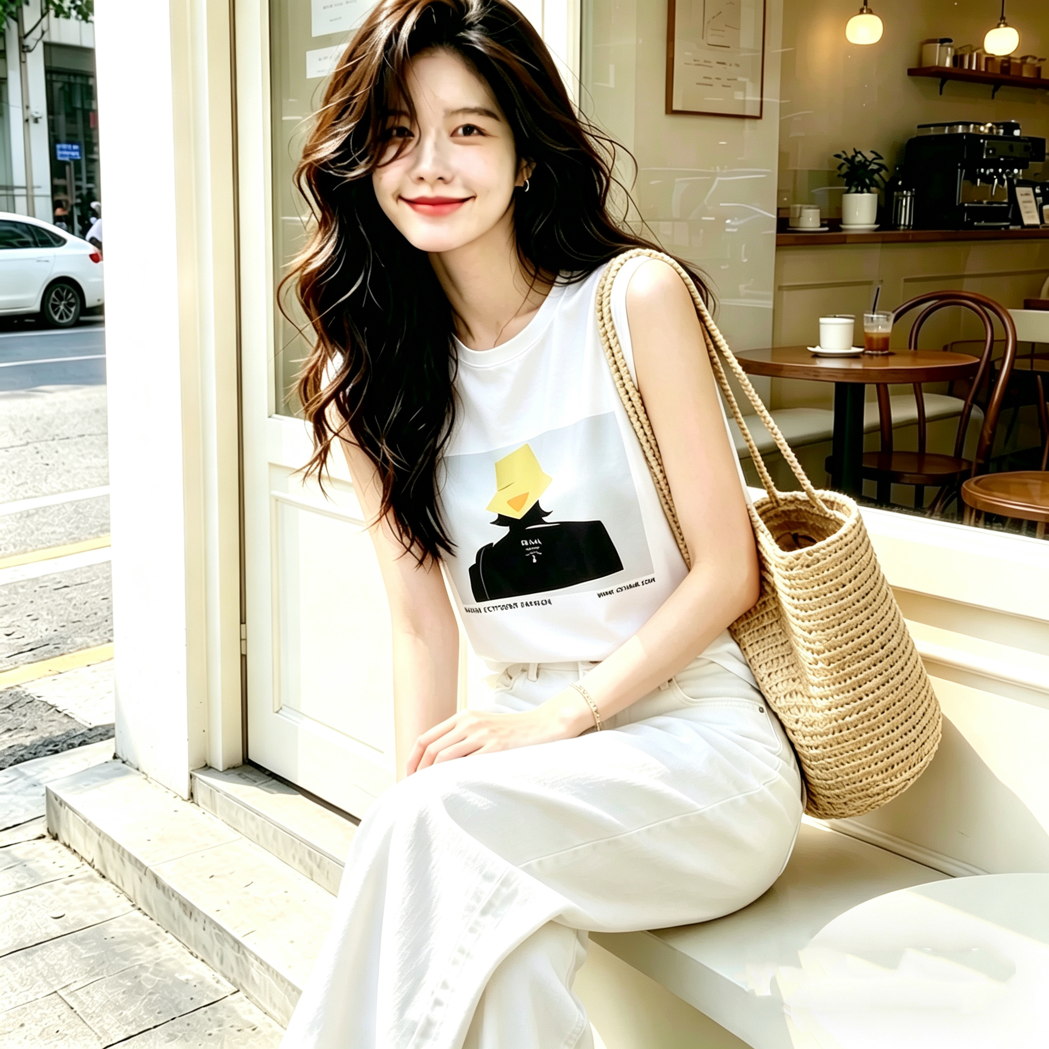 RY4347# 2026新款重磅仿真丝T恤宽松女无袖印花白色圆领百搭背心