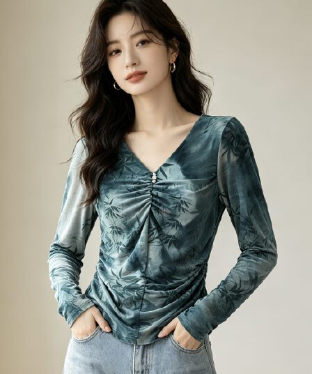 실사 2026 긴팔 맨위 디자인 센스 몸매 가꾸기 고급 홀치기 염색 기본 셔츠 여성 가을 새로운 프린트 티셔츠