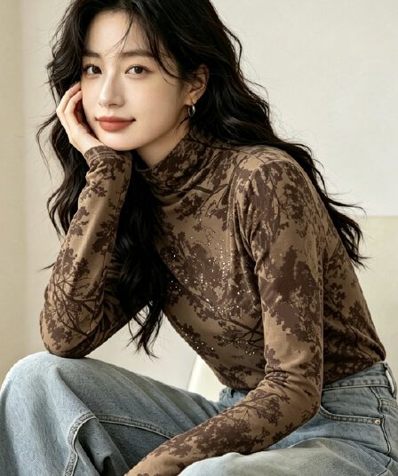 2026 긴팔 한국 넷 핫픽스 반하이넥 몸매 가꾸기 고급 잉크 페인팅 기본 셔츠 겨울 새로운 프린트 티셔츠