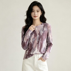 批发实拍2026长袖设计感宽松套头扎染上衣女秋新款<b class='q'>韩国</b>网印花圆领T恤