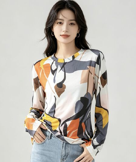 실사 2026 긴팔 디자인 센스 루즈핏 풀오버 홀치기 염색 맨위 여성 가을 새로운 한국 넷 프린트 라운드 넥 티셔츠