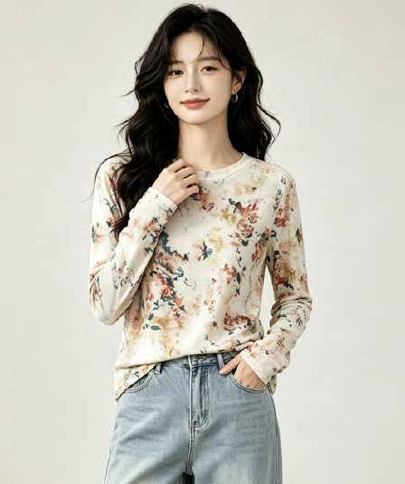 실사 2026 긴팔 디자인 센스 루즈핏 풀오버 홀치기 염색 맨위 여성 가을 새로운 한국 넷 프린트 라운드 넥 티셔츠