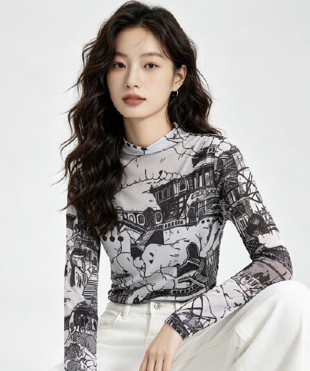 실사 2026 긴팔 맨위 몸매 가꾸기 고급 디지털 한국 넷 프린트 기본 셔츠 여성 겨울 새로운 티셔츠