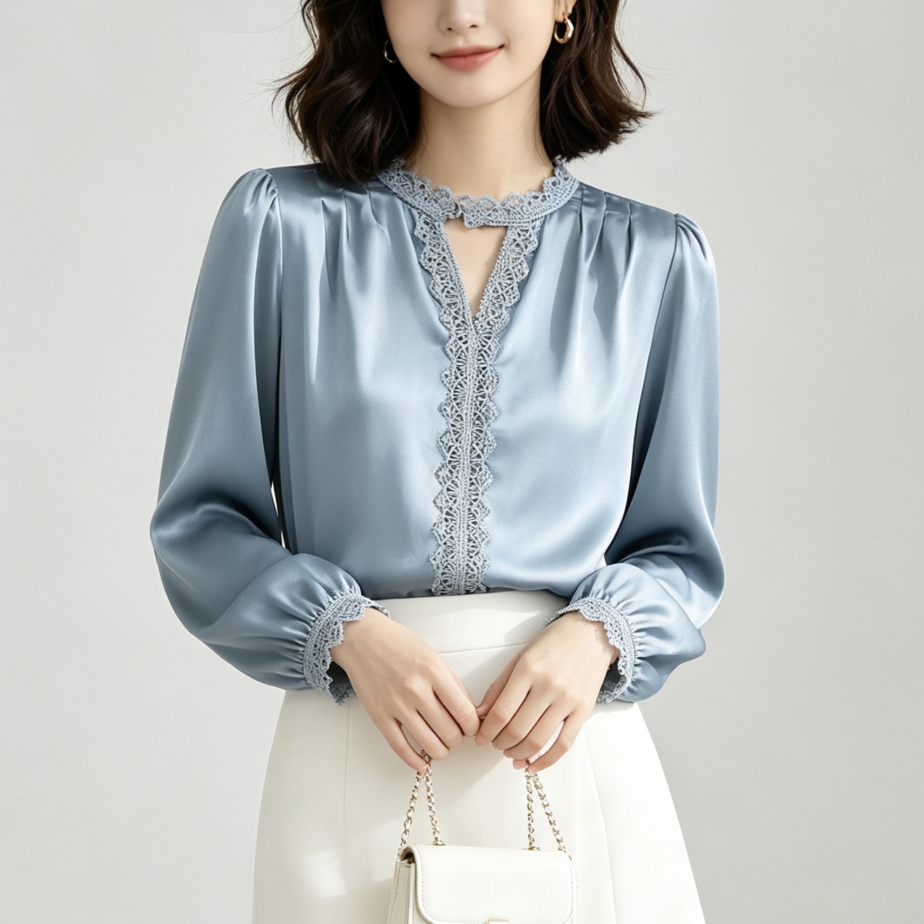重磅真丝衬衫女长袖高级感V领宽松衬衫秋季别致大码女上衣  服裝批發女裝批發服飾貨源
