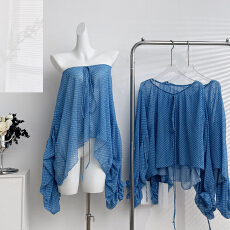 批发谢不肉 <b class='q'>一字肩</b>波点系带薄款雪纺衫女夏季宽松微透设计感长袖上衣