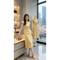 批发明星同款浅黄雅韵VEGA CHAN改良<b class='q'>旗袍</b>裙收腰新中式短袖连衣裙