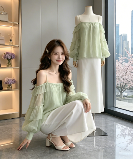 skk store 꿈 와일드 갤러리 감기 센스 프릴 꽃밭 슬립 쉬폰 긴팔 맨위 여름 얇은 스타일