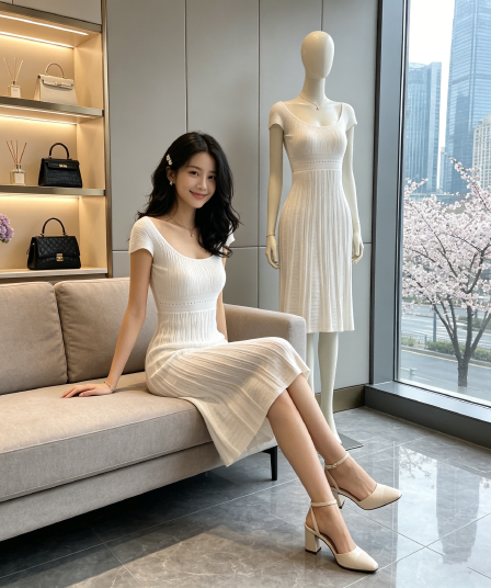 skinless 하얀 백조 프랑스식 u 칼라 진자 중간 길이 드레스 얼음 센스 높음 폭탄 허리 수축 자카드 디자인
