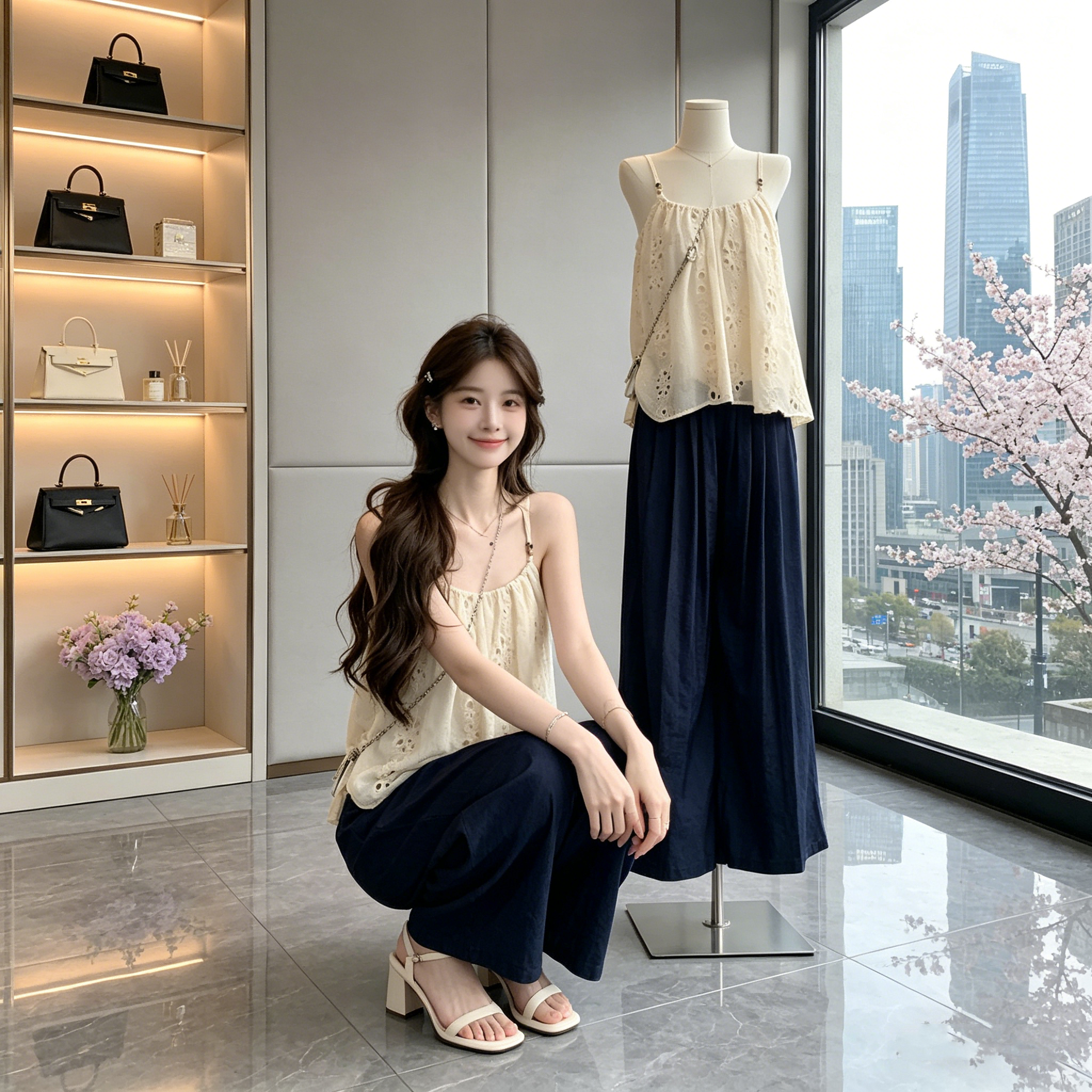 cuitcuit 산란 수평 비스듬한 휴가 바람 홀로우 아웃 자수 비즈 캐미솔 부드러운 민소매 맨위 여름
