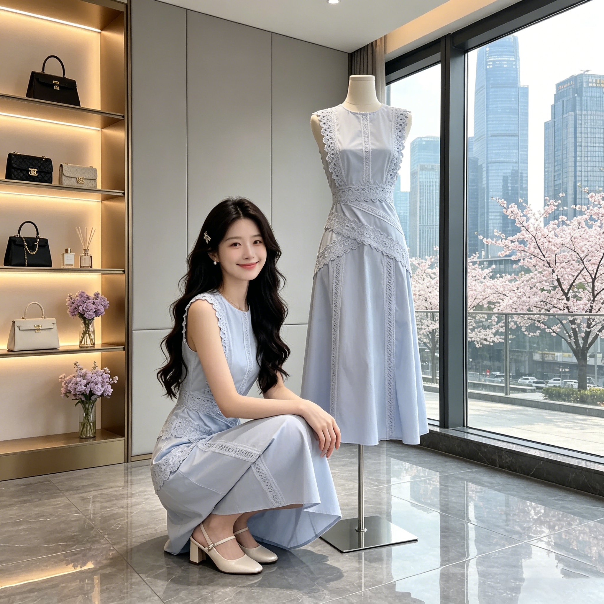 프랑스식 품격 패치워크 레이스 민소매 롱 스커트 신선함 블루 색상 시스템 분위기 센스 휴가 치마 부드러운 바람 허리 수축 슬림해 보이는