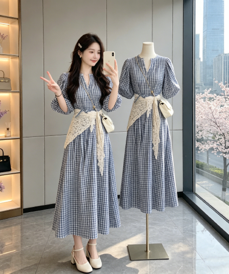 순수한 하얀 달빛 달콤한 스타일 파란색 체크무늬 여성 드레스 여름 일본식 미니멀리즘 학원 스타일 작은 키 요정 치마