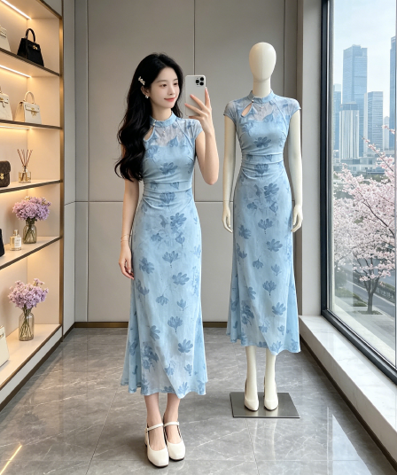 링 茜 거만한 와우 물 라임 블루 지앤 새로운 중식 식물 플러시 치파오 여성 봄 여름 블라우스 슬립 밝은 아름다운 드레스