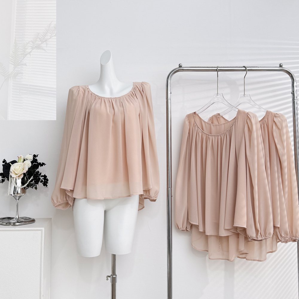 gakee official 프랑스식 벌룬 소매 시폰 셔츠 여성 봄 여름 와이드 밑단 핀치 Pleat 마이크로 ~을 통해 패키지 어깨 셔츠