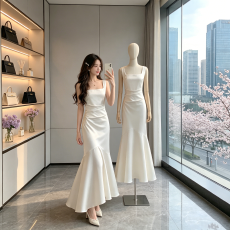 批发但你butyou白色缎面吊带连衣<b class='q'>裙</b>女夏季鱼尾长款订婚聚会宴会<b class='q'>小礼服</b>