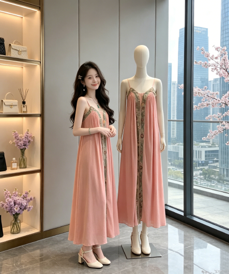sun 우아한 조 朱颜 술에 취한 봄 아모이 중식 국풍 사람들 실크 패치워크 배색 루즈핏 슬립 점프 슈트 롱 스커트