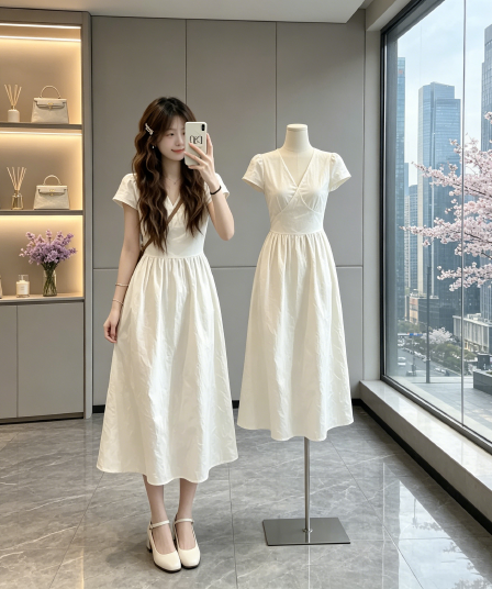 부드러운 바람 화이트 반팔 여성 드레스 2026 여름 새로운 프랑스식 길다 치마 자이언트 잘 생긴 품격 작은 키