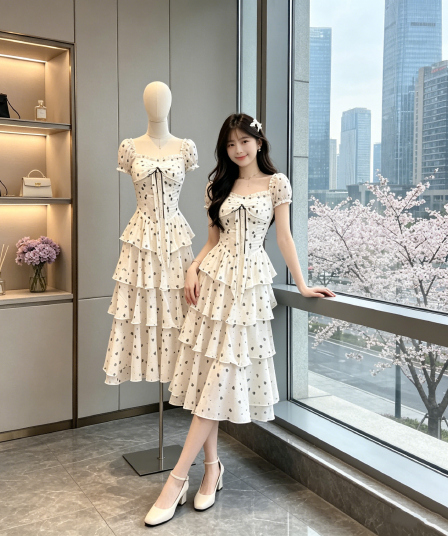 캄파넬라 세과 house 구름 멜라루카 프랑스식 광장 칼라 하트 도트 무늬 여성 드레스 여름 허리 수축 슬림해 보이는 케이크 롱 스커트