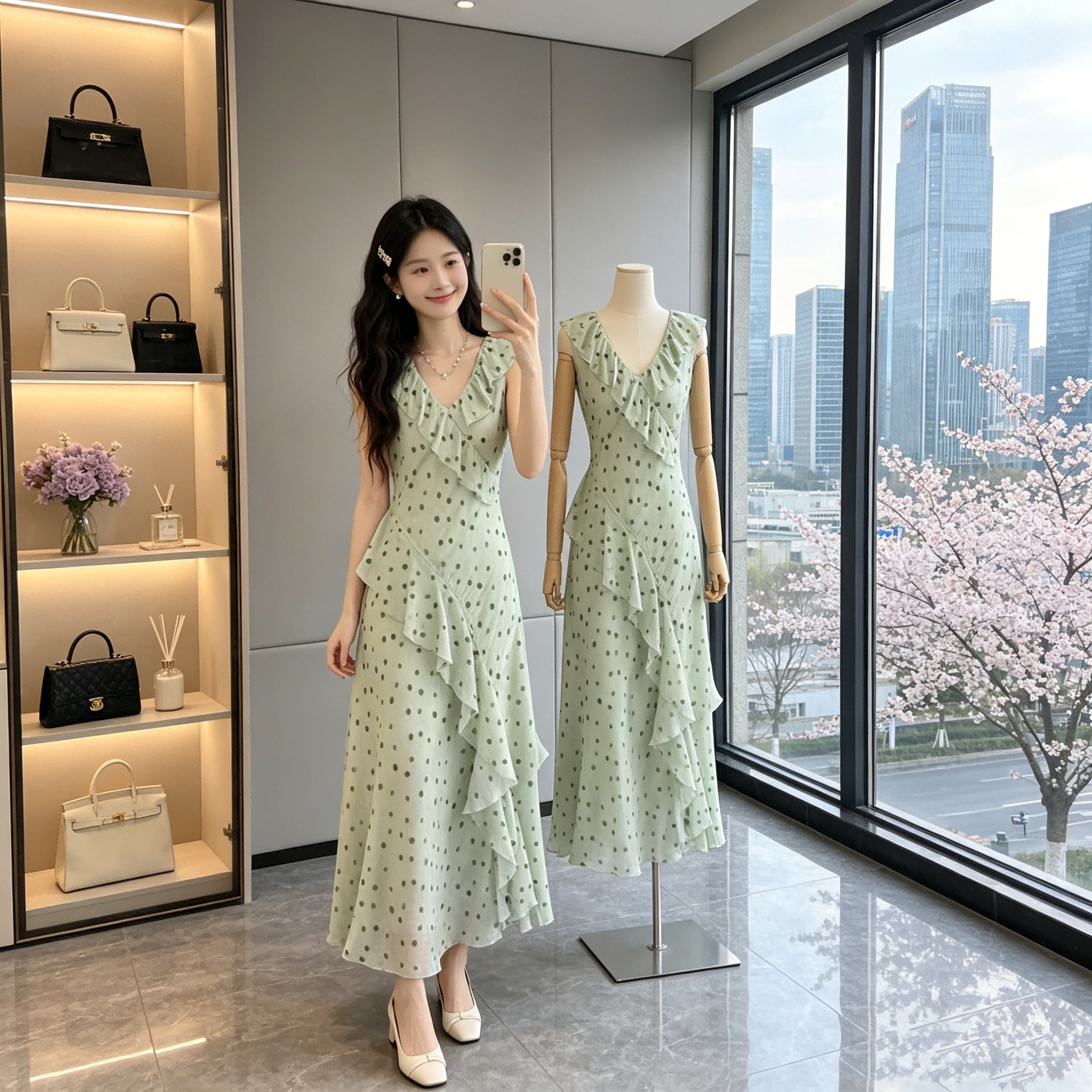 orwhite 레트로 밝은 녹색 도트 무늬 프린트 여성 드레스 V넥 프릴 민소매 롱 스커트 도루 가을 센스 여름