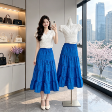 批发YOUNG STAGE复古蓝色波点满印<b class='q'>半身裙</b>女夏季<b class='q'>高腰</b>显瘦中长款裙子潮