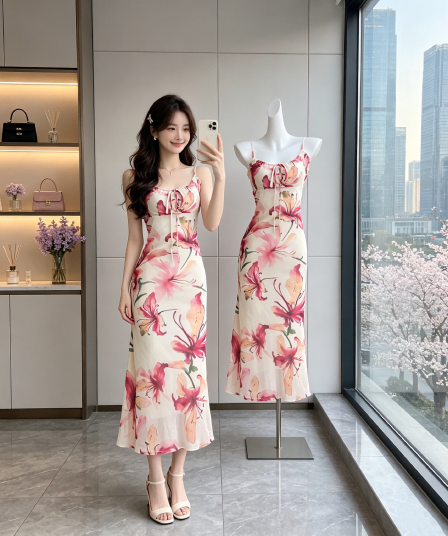 sya 크 사이 작은 웨스트 프랑스식 분말 아름다움 헤일로 염색 프린트 여성 드레스 여름 펌프 Pleat 휴가 롱 코트 튜브탑 슬립 드레스