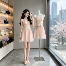 批发solo爆爆~云雾风清~纯欲<b class='q'>网纱</b>拼蕾丝<b class='q'>连衣裙</b>女多种穿法收腰蓬蓬裙夏