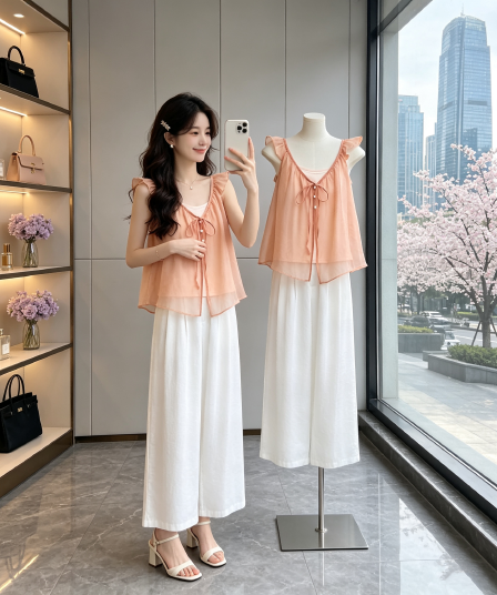 Ouyang 안녕하세요. 들이 귤 스택 착용 캐미솔 두 조각 여성 세트 여름 루즈핏 작은 날다 소매 작은 셔츠 맨위