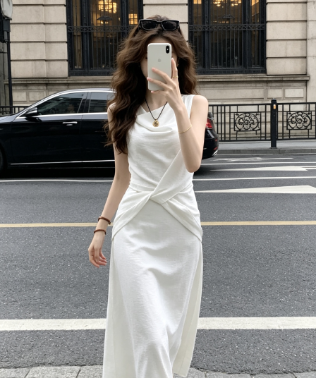 주 시 시 한여름 하얀 배 아마 품격 디자인 센스 민소매 흔들다 칼라 화이트 드레스 허리 수축 롱 코트 여름