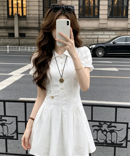 rpb brand 거품 소매 순면 셔츠 드레스 신선함 학원 스타일 허리 수축 슬림해 보이는 달콤함 반신 미니 스커트