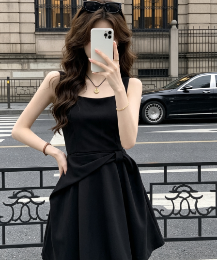 qdqd 천 골드 센스 허리 수축 나비 매듭 디자인 센스 드레스 여름 새로운 허리 수축 슬림해 보이는 검정색 멜빵 스커트