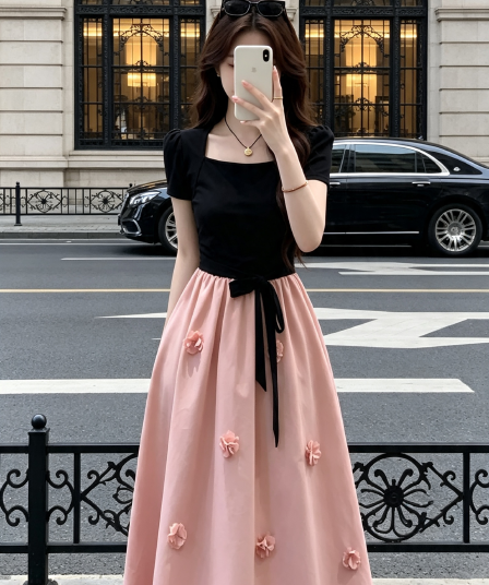 lili 리 리 가족 블랙 분말 모네 프랑스식 디자인 센스 3 차원 꽃 롱 스커트 패치워크 허리 수축 여성 드레스