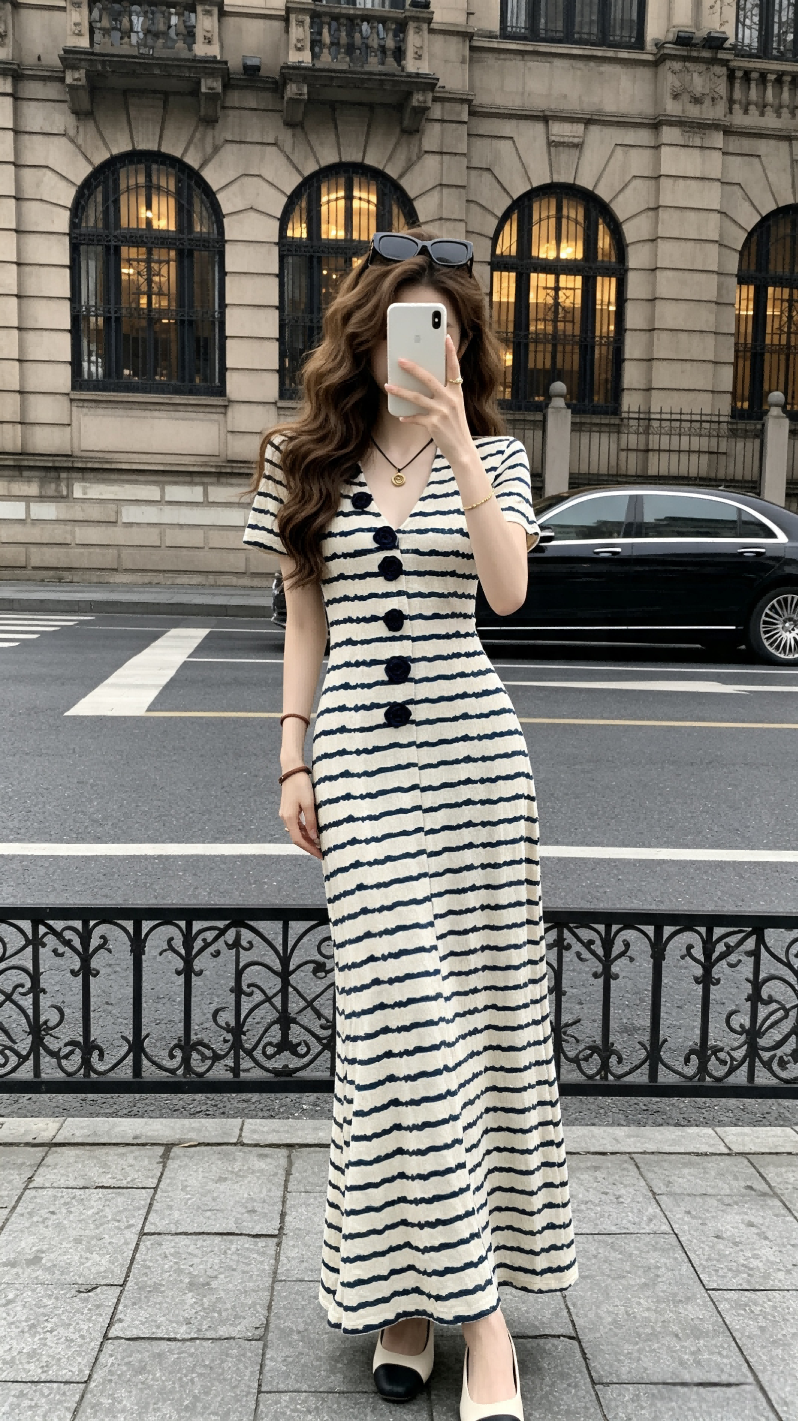 立体花朵条纹V领短袖连衣裙女夏季休闲慵懒风气质修身收腰长裙子  服裝批發女裝批發服飾貨源