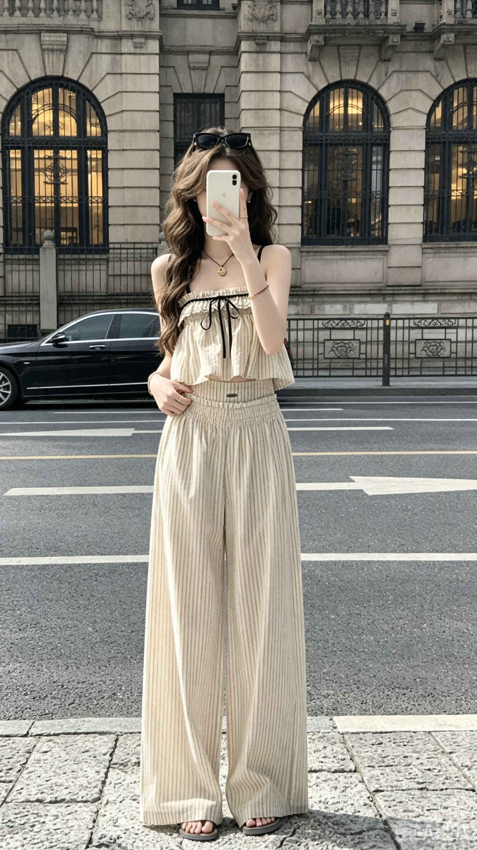 韩系休闲条纹套装女夏季上衣长裤两件套  服裝批發女裝批發服飾貨源